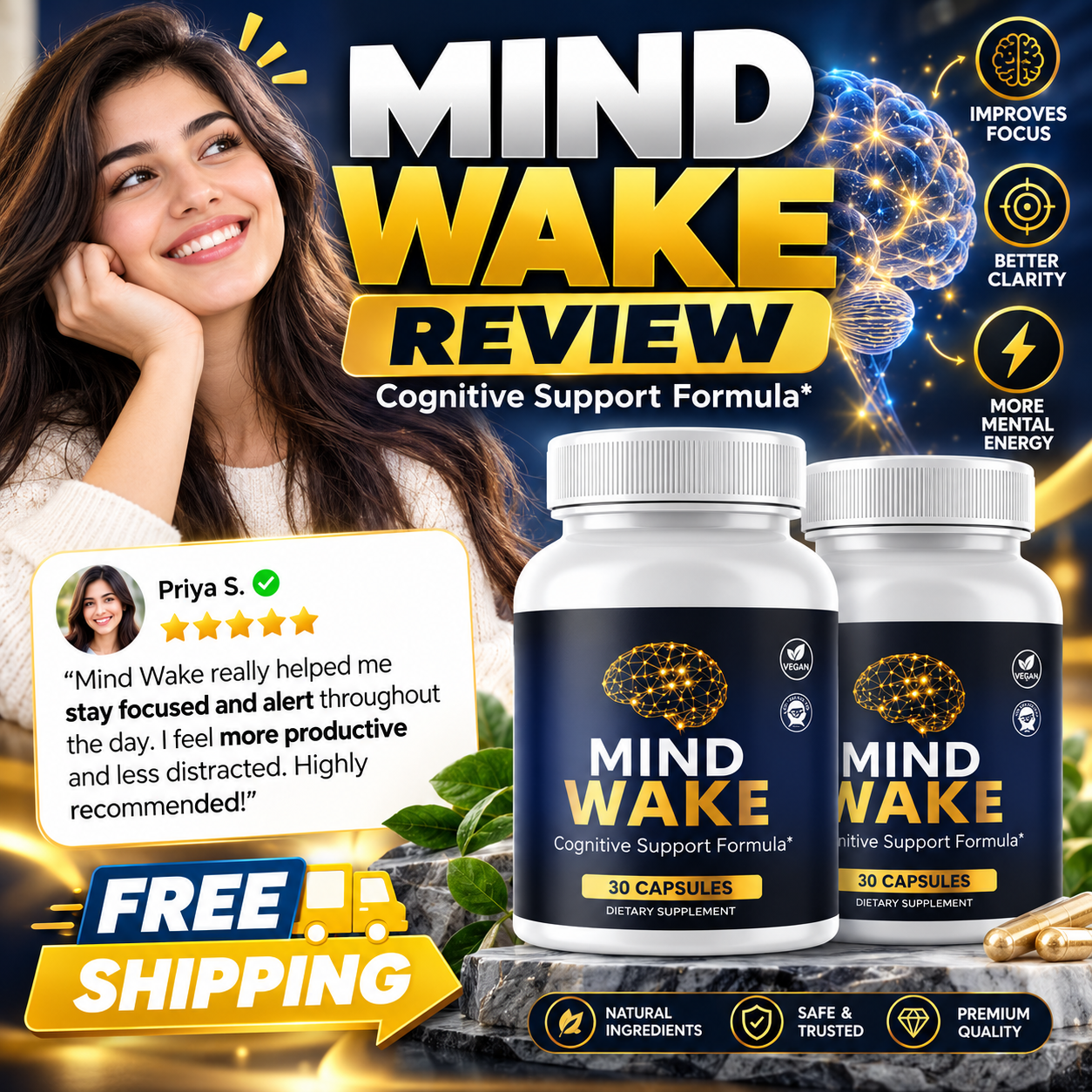 MindWake bottles with customer feedback